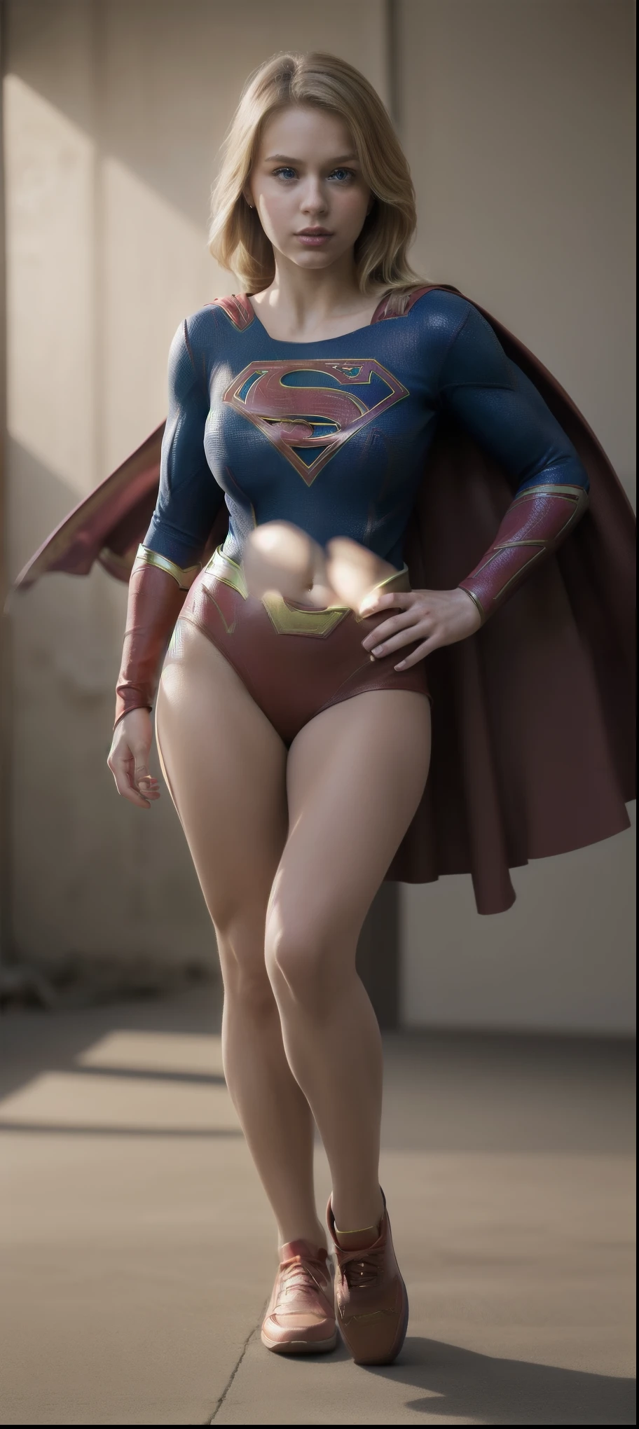 ((best quality, oficial, realistic, photorealistic, ultra-detailed, detailed background, depth of field, volumetric lighting, absurdity)), 1 beautiful girl  ((female, beautiful, blonde hair, model, supergirl, big breasts)), ((she is supergirl)), cosplay supergirl