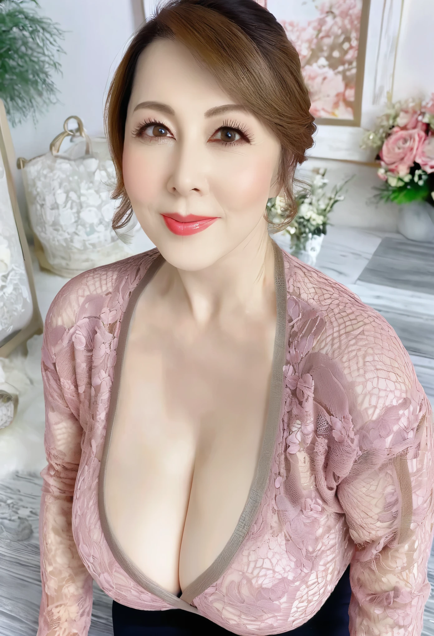 (masterpiece, best quality: 1.2),Mature woman, Exquisite eyes,， （（Lace sweater））, Huge natural breasts，（8K）（HD）