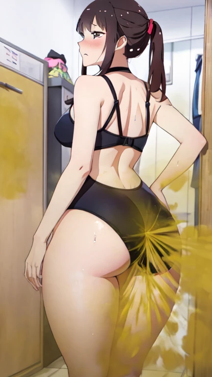 2 Asian girls, anime girls, both farting together side by side, desperate to poop, farting while standing, farting in public changing room, wearing swimsuit, stomach bloated, hangs holding stomach, pained expression, shocked and embarrassed, mouth open in shock, sweating, blushing, beautiful and cute face, anime art style, fit body, tall and thin, view from back