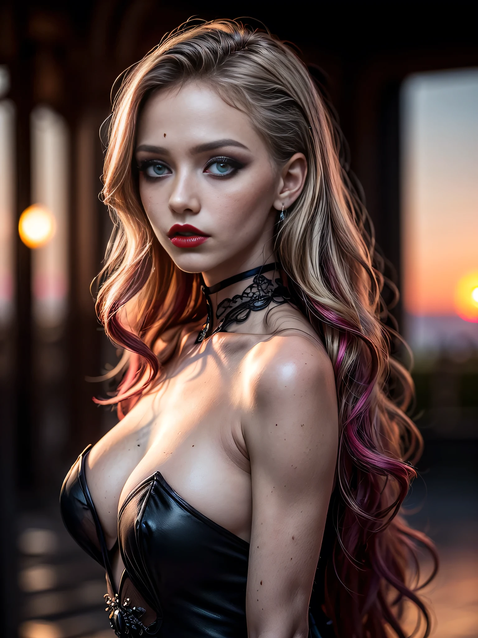 (masterpiece), (extremely intricate:1.3), (realistic), portrait of a muscular girl, ((((detailed woman, ((blackout gothic eye makeup, red lips, strong square cleft chin, arrogant, [flat chest:medium breasts:0.8]), piercing greeneyes, long wavy [blonde hair:dark hair:0.5], hotpink black chinoiserie evening gown, tanned skin, very low neckline, cleavage, decolletage, rear view:1.5)), emerald necklace)), freckles:1.0, professional lighting, photon mapping, radiosity, physically based rendering, ultra resolution, hyper-realistic), metal reflections, upper body, outdoors, intense sunlight, far away castle, professional photograph of a stunning woman detailed, sharp focus, dramatic, award winning, cinematic lighting, volumetrics dtx, (film grain, blurry background, blurry foreground, bokeh, depth of field, sunset, interaction, photorealistic:1.4), 8K