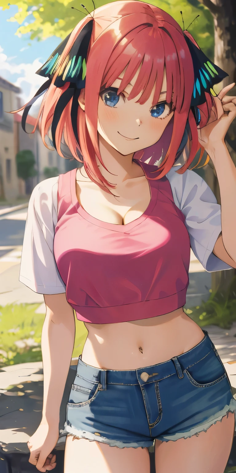 2d, masterpiece, best quality, anime, highly detailed, 1girl, solo, cowboy shot, nakano nino, pink hair, butterfly hair ornament, crop top , cleavage, Denim shorts , medium breasts, standing, school, outdoors, smile