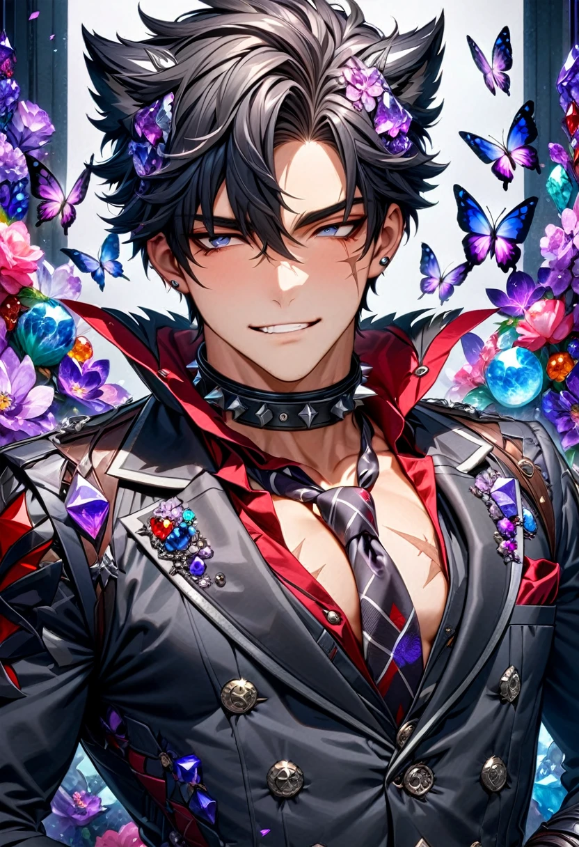 (absurdres, highres, ultra detailed, HDR) master piece, best quality, perfect face, Wriothesley, black hair, expressive gray eyes, genshin impact, grin, solo, sexy man, handsome, toned chest, scar beneath his right eye; three scars extending from high on his neck down to his mid-chest, with one on the right, one on the left, and one along the midline, he wears a dark grey coat with a crimson lining, rhomboid silver buttons, and dark fur trim around the collar; a grey vest with a darker grey button-up shirt beneath and a loose red necktie; his arms and neck are haphazardly bound in black bandages, he has multiple silver stud and cuff earrings in his ears asymmetrically; silver rings on each finger; a spiked silver necktie ornament, glass purple flowers, glass purple petals, glass purple butterflies, glass garden, glass blossoms, everything made with glass 