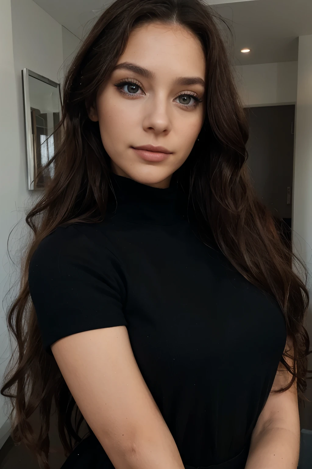 femme de 29 ans, long brown slightly curly hair, yeux bleus, visage parfait, professional makeup like model, C et portant un haut noir