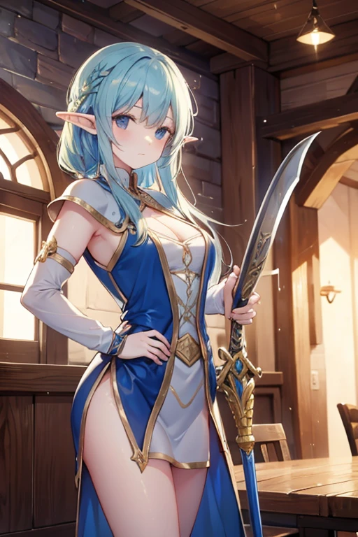 Half-elf in fancy dress, with sword, in a medieval fantasy tavern