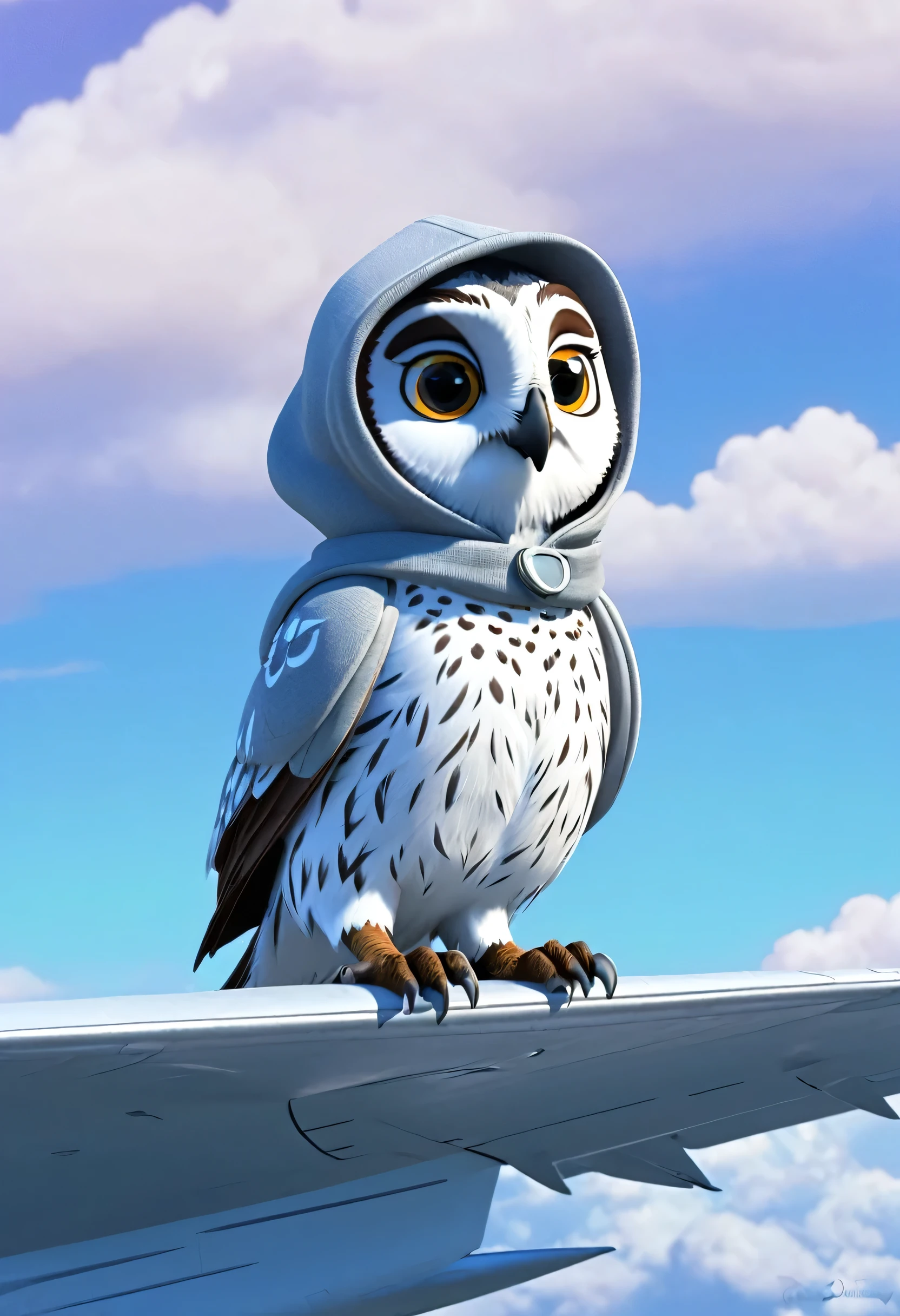 White hooded owl on top of a plane dash style Disney animation