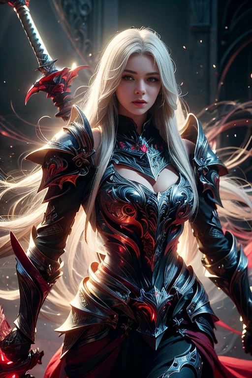 girl, subtle makeup, photorealistic, high contrast, 8k HD, detailed, hyper-detailed, realistic skin texture, long white hair, big breast, best quality, ultra high res, raw photo, dramatic lighting, diffuse glow, knight rune armor, imperial cape, holding glowing sword, no helm, stylish pose, eye contact 