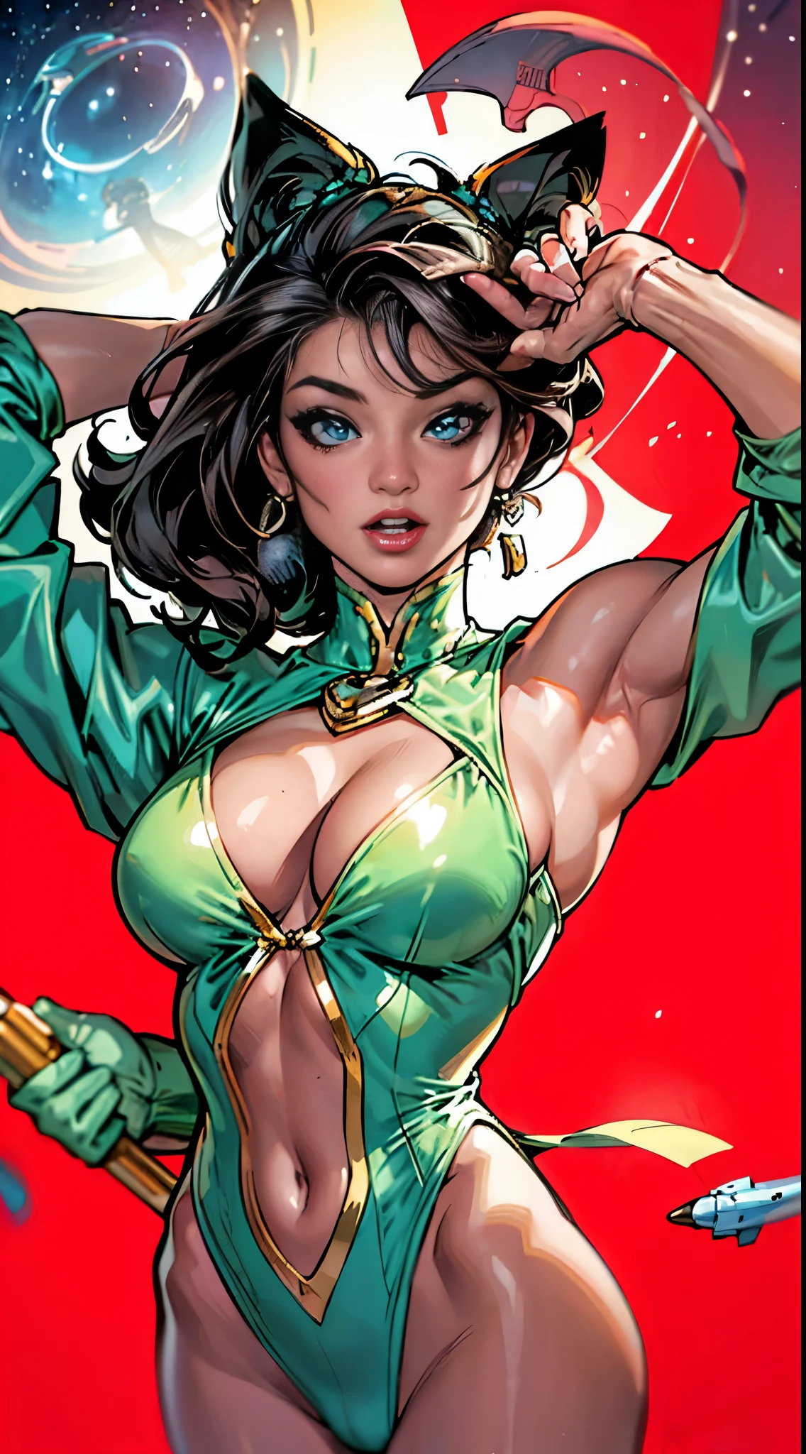 Rita Faltoyano vestindo um traje espacial justo branco com detalhes em vermelho futurista cybberpunk, while flying through space on a surfboard. (((corpo inteiro))) in comic book panel, full body, bold lineart illustration comic, seductive blue eyes, parted lips, perfect body, curvy, fitness, nsfw, in the style of Adam Hughes, (((obra prima))), (((adulto))) Explore retro-futuristic aesthetics, highlighting her confidence and skill as she challenges the limits of the cosmos. 