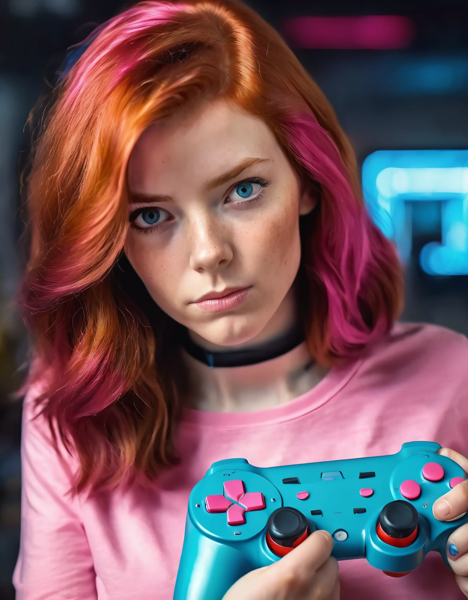 "(best quality, highres), detailed portrait of a woman with vibrant red hair and ample bosom, holding a pink video game controller, intense lighting, vivid colors, fine facial features, long flowing hair, stylish clothing, confident expression, realistic textures, modern medium, digital artwork, futuristic ambiance, immersive experience"