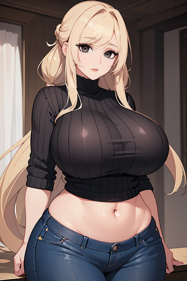 (Uhd, Masterpiece, Textured Skin, Super Detail, High Details, High Quality, Best Quality), Detailed Face, 1woman, mature pretty woman, ((Wide hips, thick thighs, massive huge breasts)), Blonde hair tied up, (Black sweater shirt), jeans, (Huge Body), (Hair tied up with side bangs)