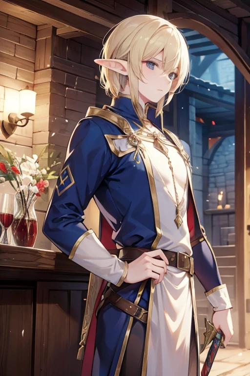 Half-elf man, elegant fantasy clothes, with sword, in a medieval fantasy tavern