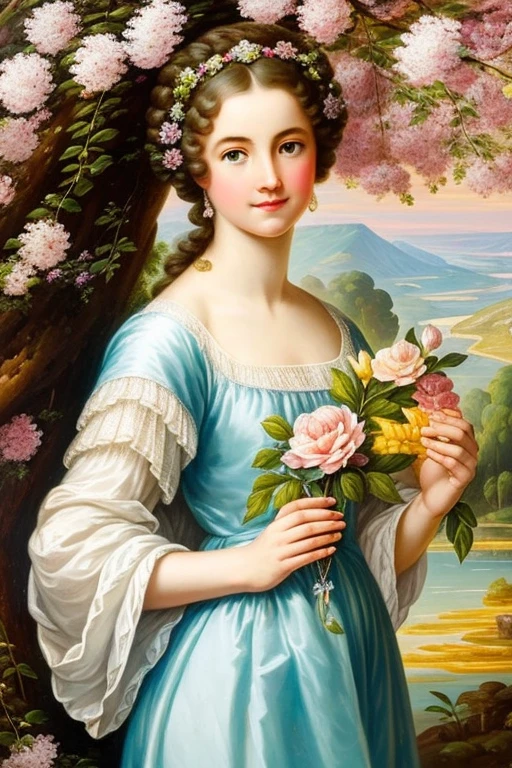((beste-Qualit)), ((tmasterpiece)), ((Realistic)), isabelmoner-smf, dora, Age of Enlightenment, rococo, hairstyle bun, Colorful, In the citrus garden, , Feminine Pose, (palette-knife-oil-painting), chintz, Strokes, (Perfect), Complicated details, Extremely detailed, Raw, HDR, ((in the style of Dan-Mumford)), 8K The woman must be dressed in a flowing, elegant tunic, which resembles the garments of the muses in Greek mythology. Your expression should be serene, with a slight smile on his lips, suggesting a deep connection with music and nature. Seus cabelos longos e ondulados podem estar adornados com pequenas flores ou folhas, strengthening your connection with the natural environment.