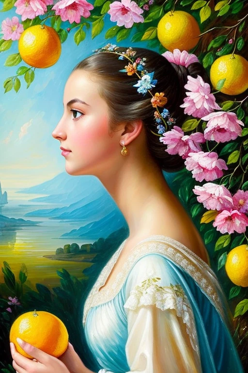 ((beste-Qualit)), ((tmasterpiece)), ((Realistic)), isabelmoner-smf, dora, Age of Enlightenment, rococo, hairstyle bun, Colorful, In the citrus garden, , Feminine Pose, (palette-knife-oil-painting), chintz, Strokes, (Perfect), Complicated details, Extremely detailed, Raw, HDR, ((in the style of Dan-Mumford)), 8K The woman must be dressed in a flowing, elegant tunic, which resembles the garments of the muses in Greek mythology. Your expression should be serene, with a slight smile on his lips, suggesting a deep connection with music and nature. Seus cabelos longos e ondulados podem estar adornados com pequenas flores ou folhas, strengthening your connection with the natural environment.