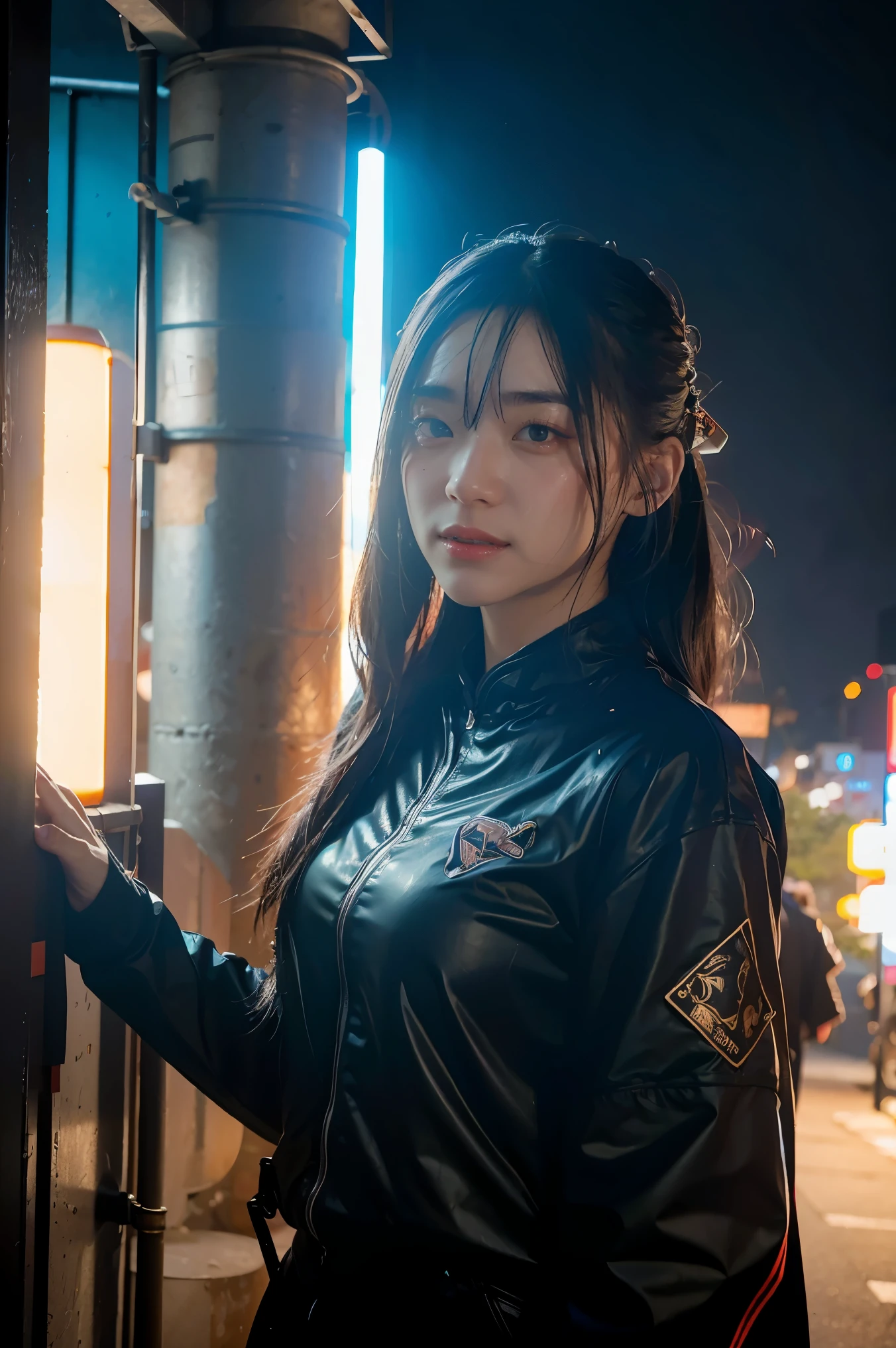 Girl in character concept art that combines Japan Ronin clothing and the beauty of modern technology.. (best quality, 4k, 8ก, height, Masterpiece:1.2), very detailed, (realistic, photorealistic, photo-realistic:1.37), Japanese ronin clothing, Future technology clothing, Detailed facial features, dynamic poses, violent expression, Katana, cyberpunk background, neon light, Mood swings, Riot Games art style, bright colors, Stylish rendering, complicated details, professional artwork, original elements, modern twist.
