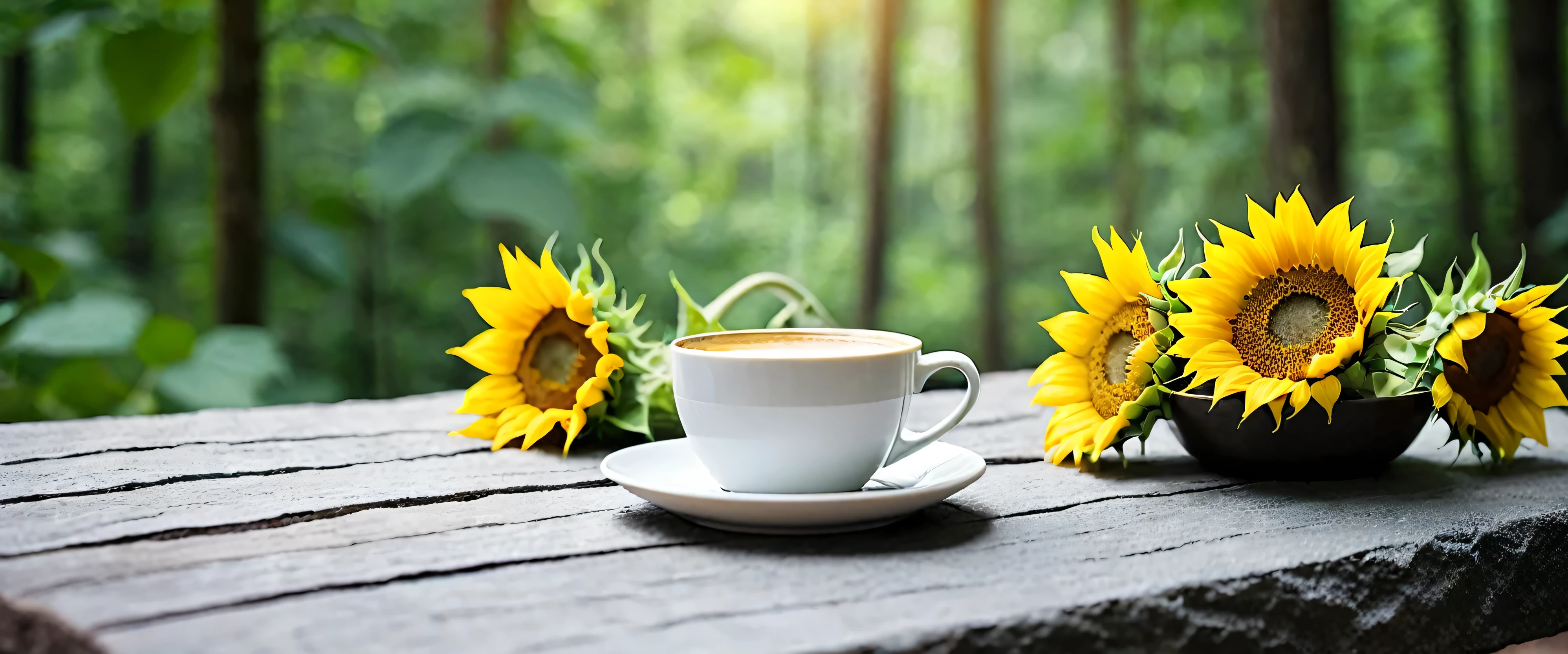 Minimalist style.A bunch of whole mini sunflowers lying flat on a table, Stone platform located deep in the tranquil forest bokeh background、a cup of coffee.Create a fresh、Bright、Relaxing and comfortable atmosphere,Evoking a sense of tranquility and simplicity。A peaceful aura or meditative state has a warm and pure atmosphere