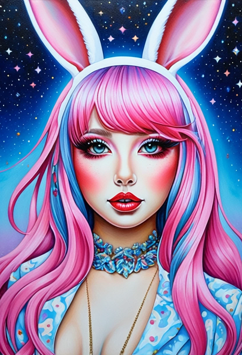 Iridium art, bunny girl ((hannah yata style!!!)), pop surrealism in acrylic, colorful, the highest detail, ((masterpiece)), ((single shot)), ((Highest detail),  impression, perspective, 8k