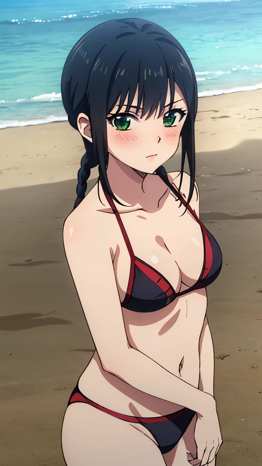 (masterpiece, best quality, 8k:1.2),
1 girl, Kyoukai, black hair, braids, ponytail, green eyes, eyelashes, medium breasts, (bangs, swimsuit, beach, blush),
alone, looking at the viewer, cowboy shot