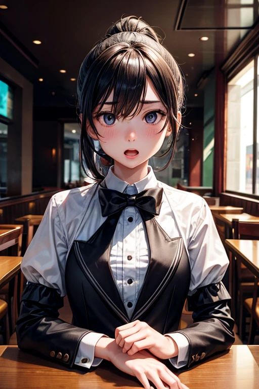 A girl with a short ponytail lies at the table in a restaurant wearing a tuxedo, Clear eye, Perfect body, (Look down at the viewer:0.8), (com.pureerosface_Version 1:0.2), Separate sleeves, Open mouth, Explosions, 1girl, Shiny skin, (Masterpiece;1.0), (reality:1.4), (Intense focus:1.2),