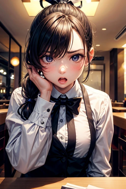 A girl with a short ponytail lies at the table in a restaurant wearing a tuxedo, Clear eye, Perfect body, (Look down at the viewer:0.8), (com.pureerosface_Version 1:0.2), Separate sleeves, Open mouth, Explosions, 1girl, Shiny skin, (Masterpiece;1.0), (reality:1.4), (Intense focus:1.2),
