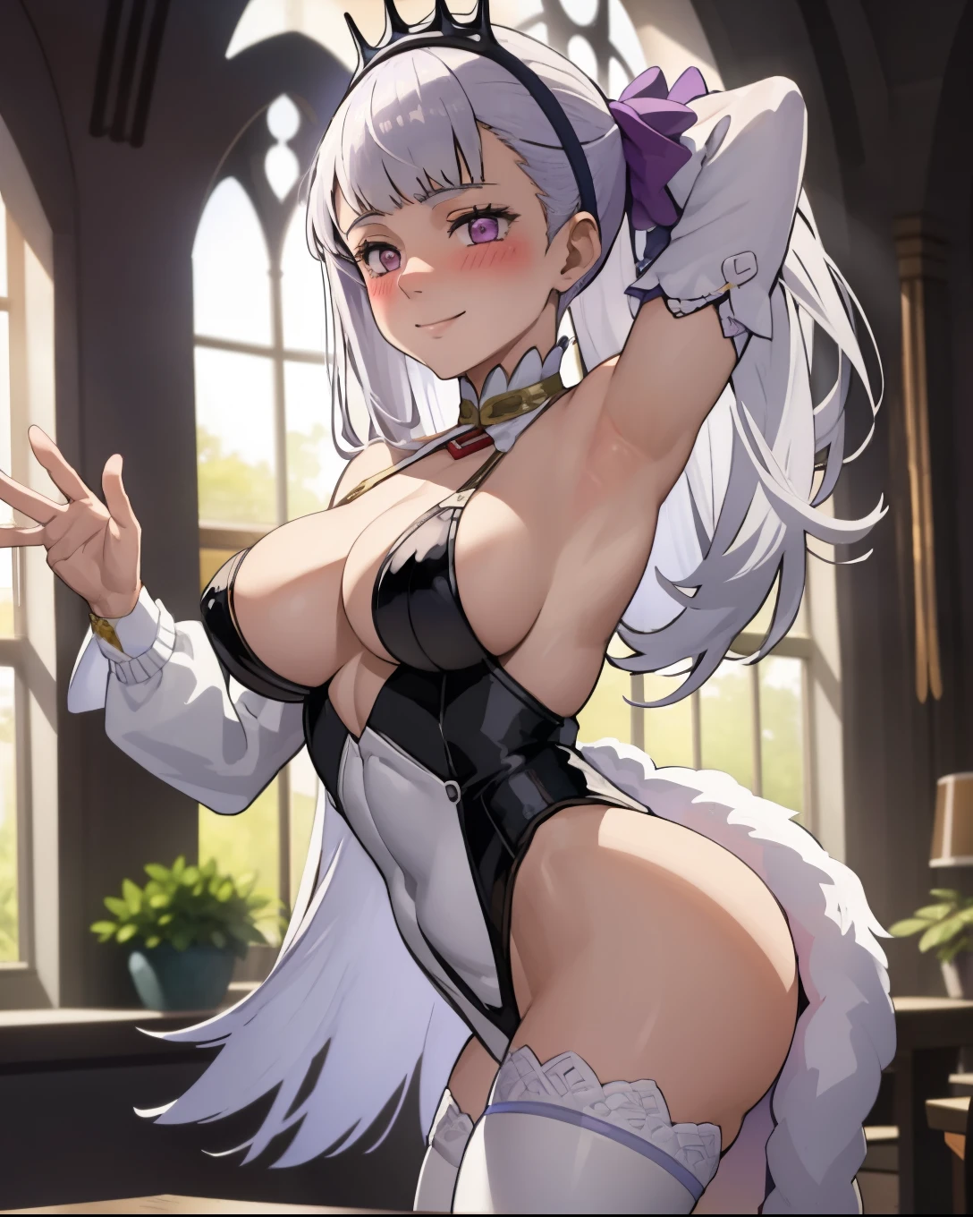 1boy, 1girl, abs, (ass grab), blush, breasts, doggystyle, hetero, , table, sex, indoors, lens flare, windows, smile, hanging motion lines,curvy,nude,white hair,long hair,violet eyes,masterpiece,noelle silva