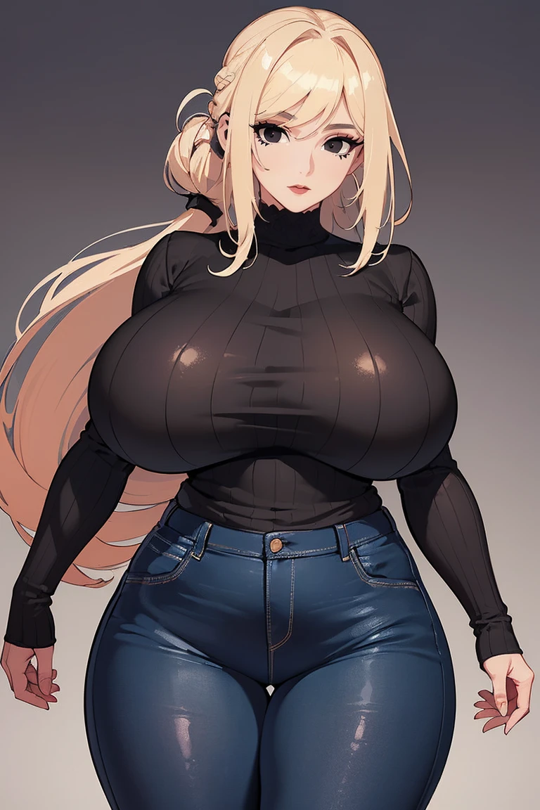 (Uhd, Masterpiece, Textured Skin, Super Detail, High Details, High Quality, Best Quality), Detailed Face, 1woman, mature pretty woman, ((Wide hips, thick thighs, massive huge breasts)), Blonde hair tied up, (Black sweater shirt), jeans, (Huge Body), (Hair tied up with side bangs)