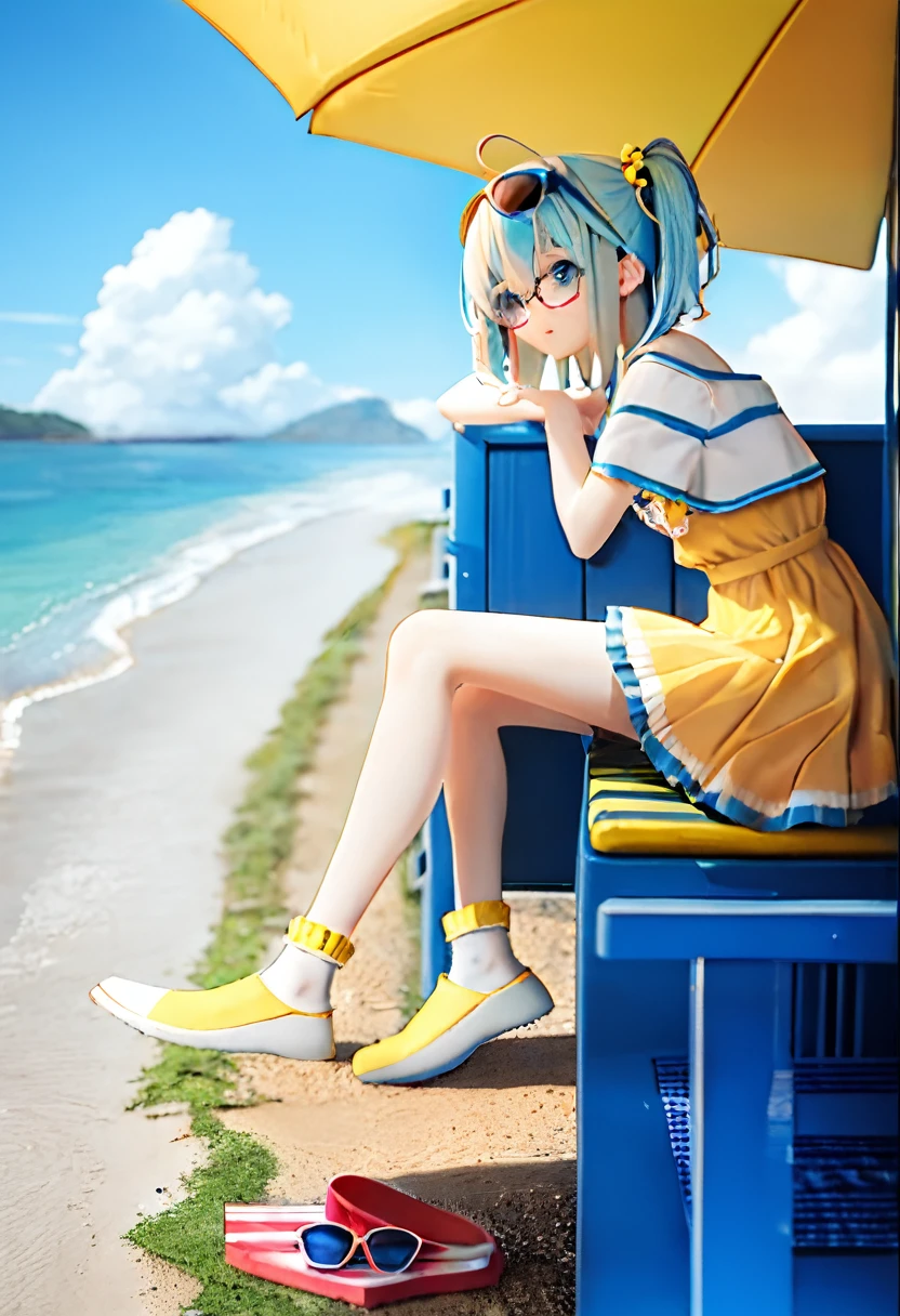 Pola, 1girl, yellow dress, blue hair, white socks, glasses on the head, aviator glasses, beach, looking back, shaving ice, ((best quality))