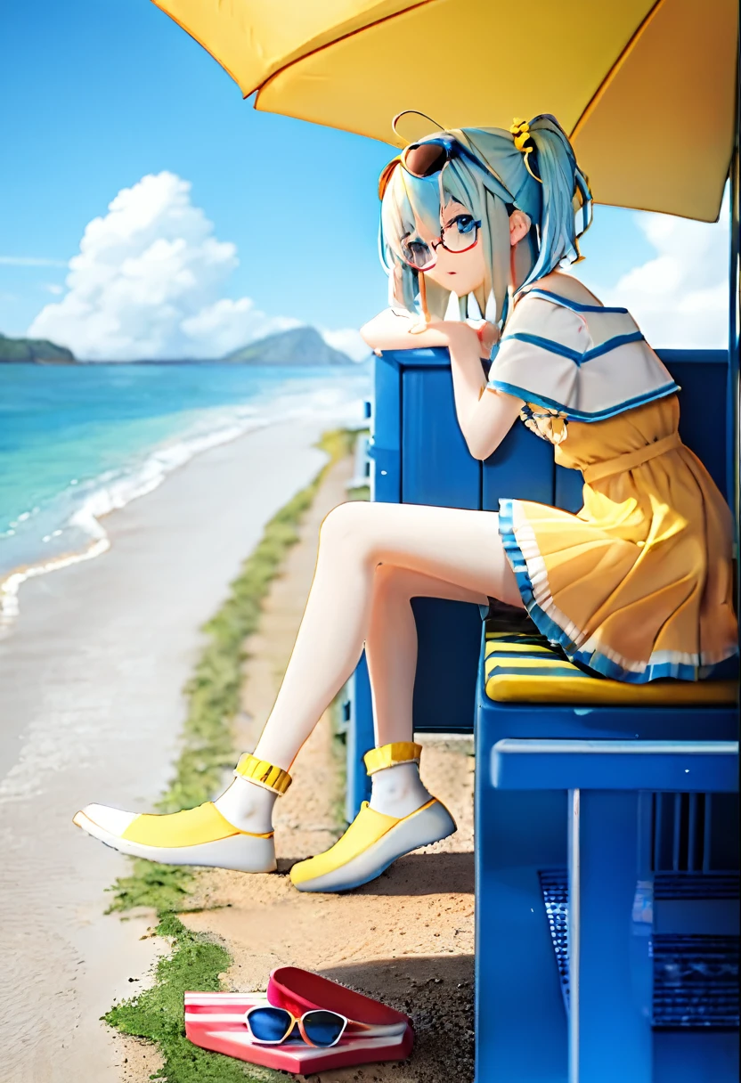 Pola, 1girl, yellow dress, blue hair, white socks, glasses on the head, aviator glasses, beach, looking back, shaving ice, ((best quality))