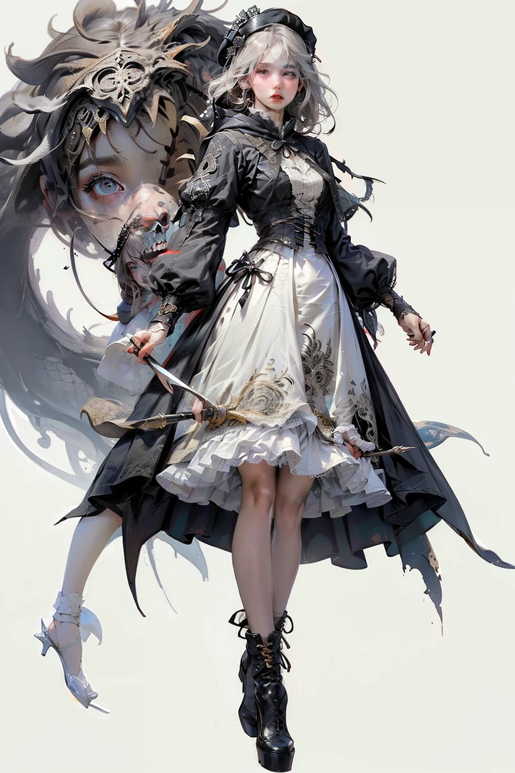 ((best quality)), ((masterpiece)), (detailed), perfect face, hand drawn style, hand painted style, watercolour, sketch, a knight, white background, plain background, Bloodborne inspired, tatty Bloodborne attire, occult aesthetic, occult, tatty red and white clothing detailed and intricate steampunk and detailed gothic ta (with a hood), diadems, long coat, Complex laced boots, Fluttering lace flared long knee length dress with frilly petticoats, long dress, knee length dress, pleated petticoats, loliress, petticoats gothic lolita, tiful small breasts, (((( Highly detailed face))), small thin nose, Small thin lips mouth, (((Very sharp focused eyes))), Very large slit precision pale grey eyes that shine like jewels. very long eyelashes, Silver hair swaying in the wind, Emitting a dazzling light in a mandala pattern, white background, Very dramatic and cinematic lighting, tatty damaged old red and white clothing, full body, whole body, body, cosmic horror, grim dark