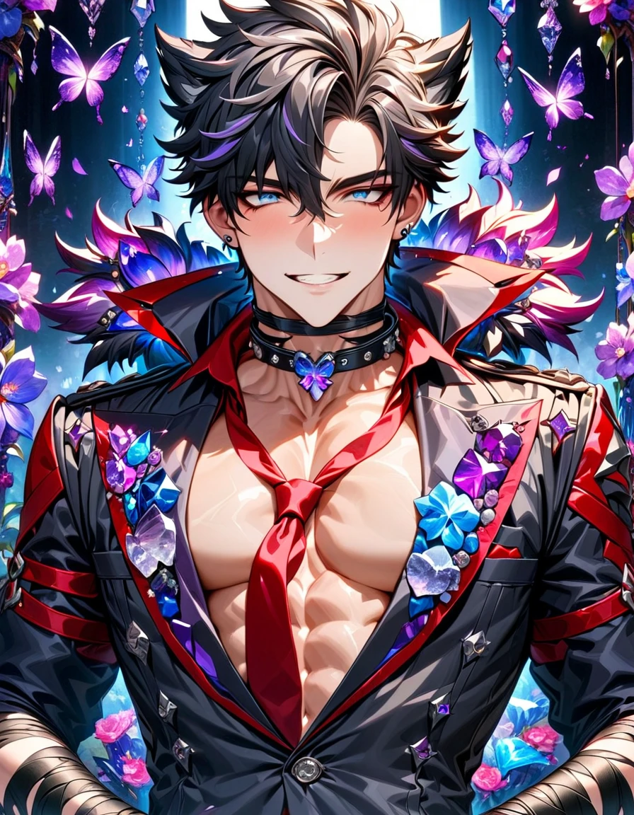 (absurdres, highres, ultra detailed, HDR) master piece, best quality, perfect face, Wriothesley, black hair, expressive gray eyes, genshin impact, grin, solo, sexy man, handsome, toned chest, he wears a dark grey coat with a crimson lining, rhomboid silver buttons, dark fur trim around the collar; a loose red necktie; his arms and neck are haphazardly bound in black bandages, cuff earrings, glass purple flowers, glass purple petals, glass purple butterflies, glass garden, glass blossoms, everything made with glass