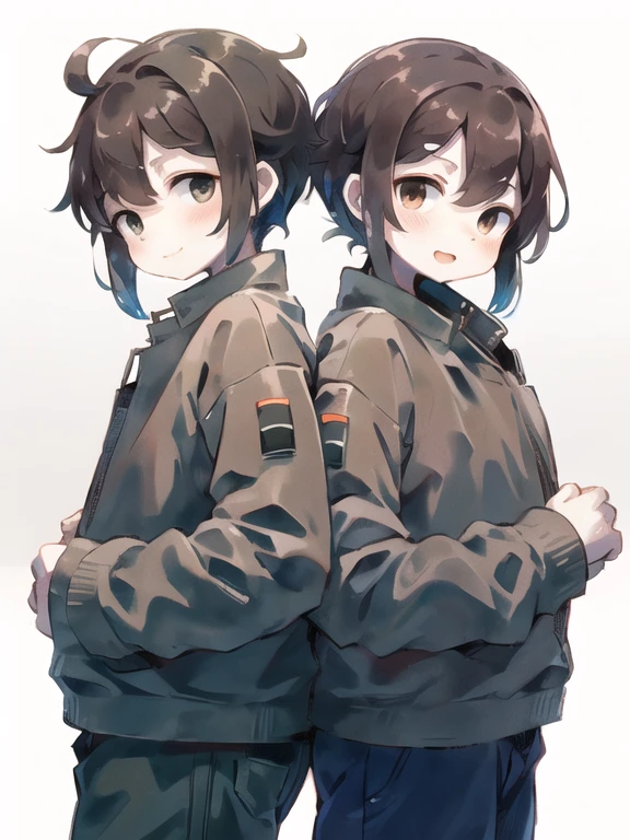 cute round face, brown sparkling eyes, (eye focus, face, close-up:0.5), blush, (smile:0.8), 2 characters: boy and girl, Brother and sister (absolute similarity, twins), back to back, very tousled semi-long brown tousled hair, White background, Dutch corner, Side, head tilt, It has,a gift , (infantry clothing, camouflage tones), (gradient:1.3), , ,angle, From below
