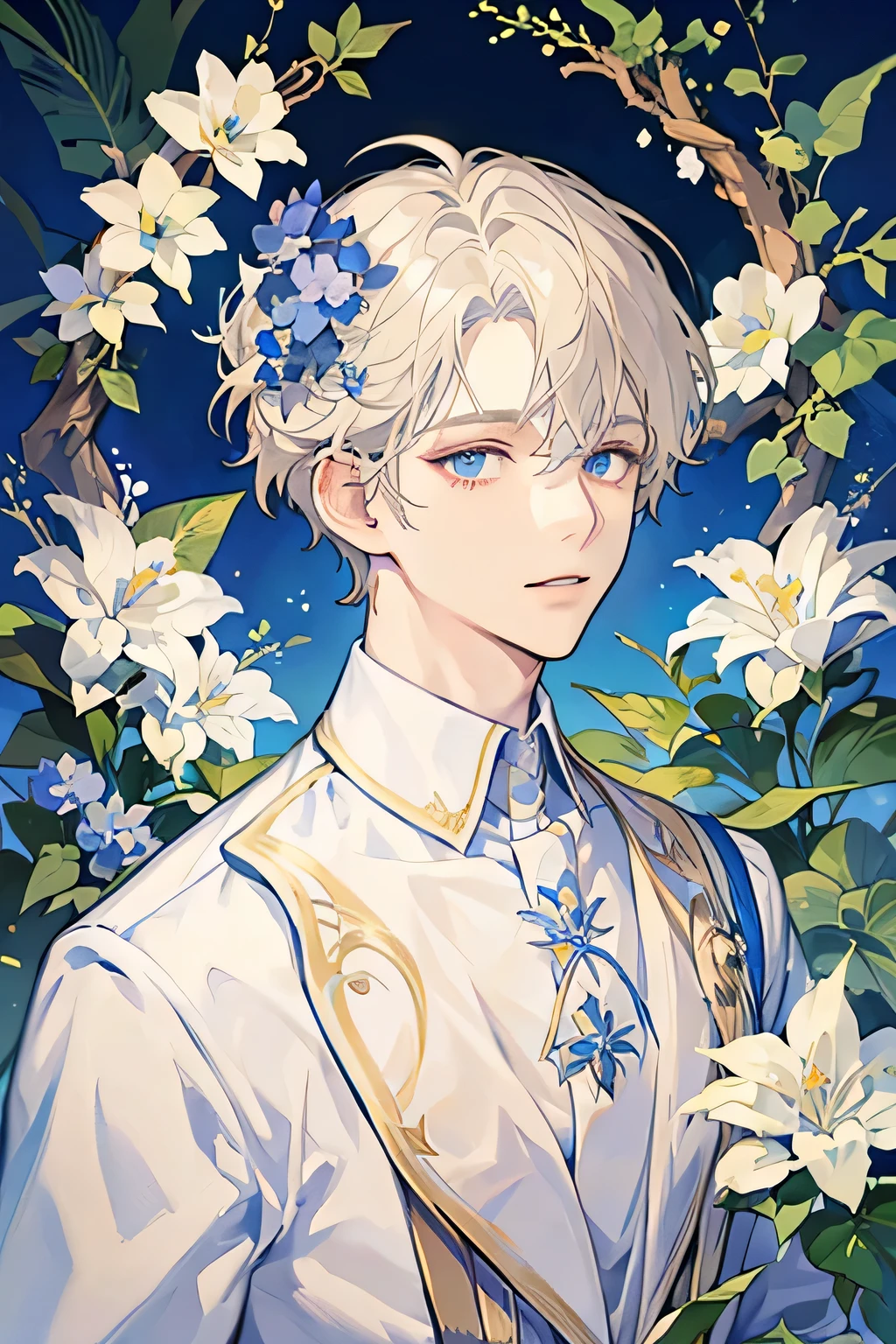 masterpiece,1 male,Cream hair color,blue flower,Light Blue Flower