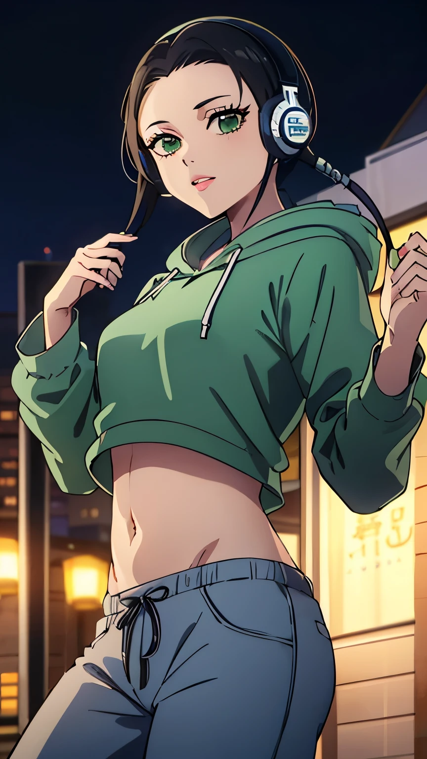 (masterpiece, best quality, 8k:1.2),
1 girl, Kyoukai, black hair, braids, ponytail, green eyes, eyelashes, medium breasts, (hip hop dancer style,headphones,pants,hooded sweatshirt,colorful shirt,navel,natural lips,city,night), dynamic angle,alone, looking at the viewer, cowboy shot