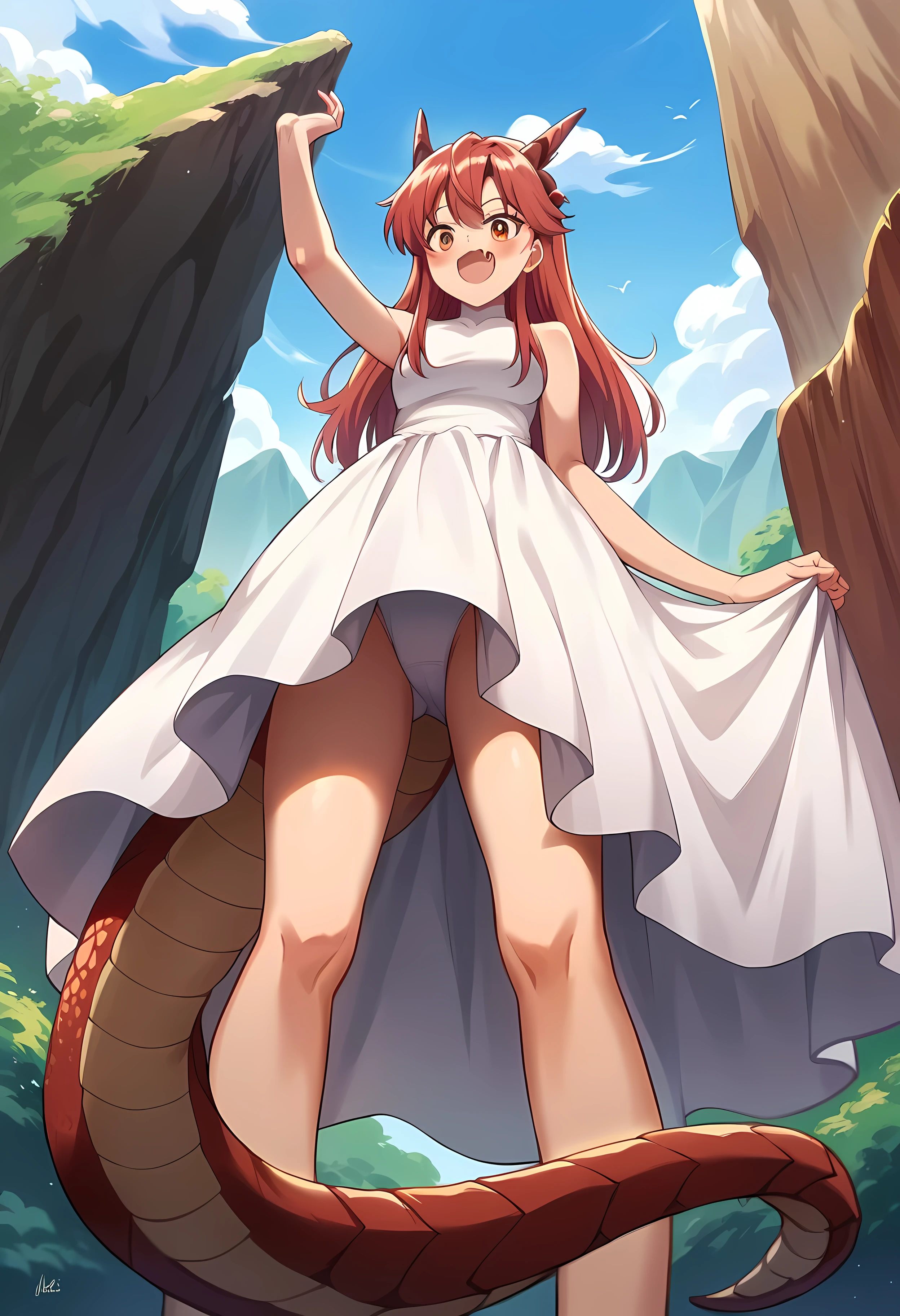 score_9, score_8_up, score_7_up, source_anime, masterpiece, 1girl, tania, red hair, eyes, dragon tail, outdoors, from below, white leotard, royal dress, skin fang, blush, happy, standing on a cliff
