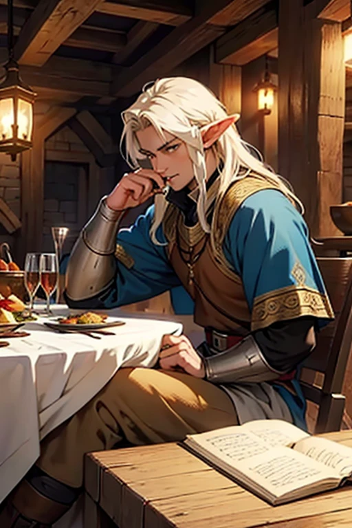 Half-elf man, elegant medieval fantasy clothes, with sword, sitting at the table eating in a medieval fantasy tavern