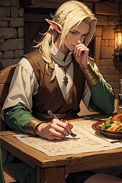 Half-elf man, elegant medieval fantasy clothes, with sword, sitting at the table eating in a medieval fantasy tavern