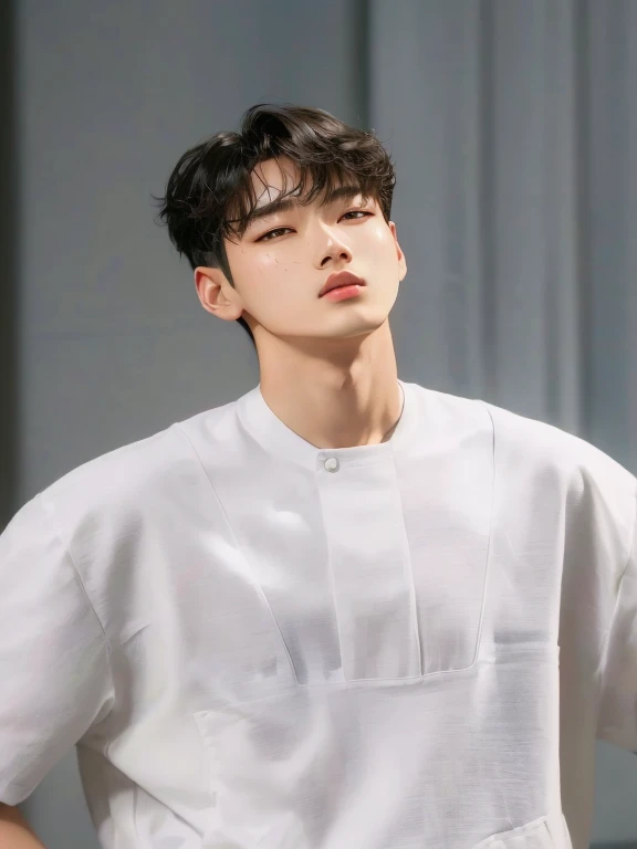 un primer plano de una persona vestida con una camisa blanca y jeans, kim doyoung, jinyoung shin, hyung tae, shinji, yanjun chengt, cai xukun, kim taejin, handsome young prince, inspirado en Bian Shoumin, Inspirado por Zhang Han, hyung tae kim, inspirado en Kim Myeong-guk, artista coreano, Estoy bebiendo