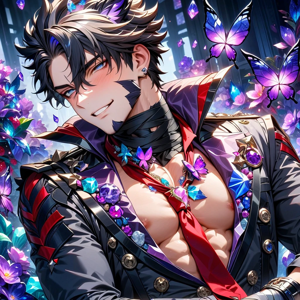 (absurdres, highres, ultra detailed, HDR) master piece, best quality, perfect face, Wriothesley, black hair, expressive gray eyes, genshin impact, grin, solo, sexy man, handsome, toned chest, he wears a dark grey coat with a crimson lining, rhomboid silver buttons, dark fur trim around the neck; a loose red necktie; his arms and neck are haphazardly bound in black bandages, cuff earrings, glass purple flowers, glass purple petals, glass purple butterflies, glass garden, glass blossoms, everything made with glass
