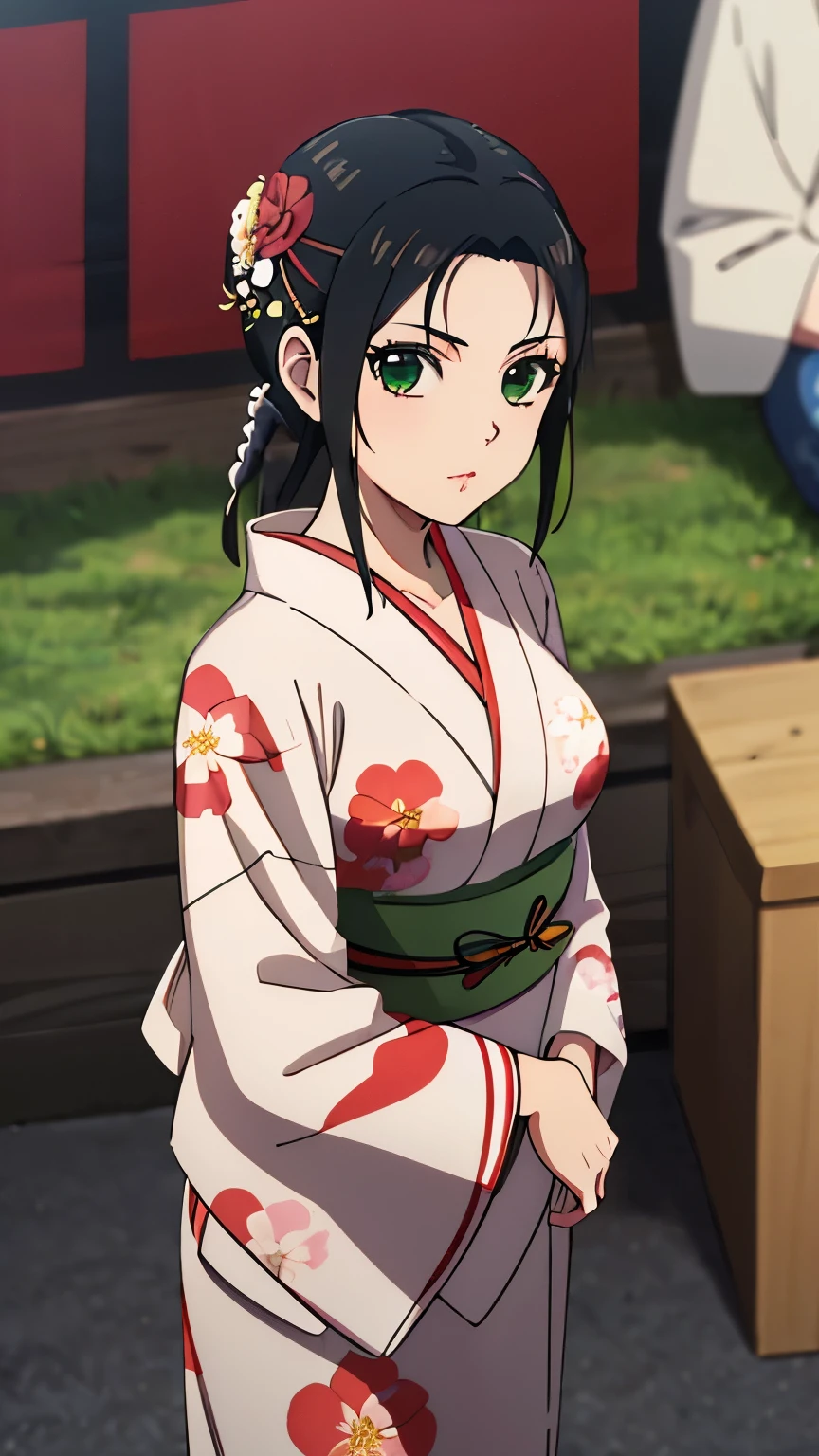 (masterpiece, best quality, 8k:1.2),
1 girl, Kyoukai, black hair, braids, ponytail, green eyes, eyelashes, medium breasts, (floral yukata, floral hair accessory, summer festival), dynamic angle,alone, looking at the viewer, cowboy shot