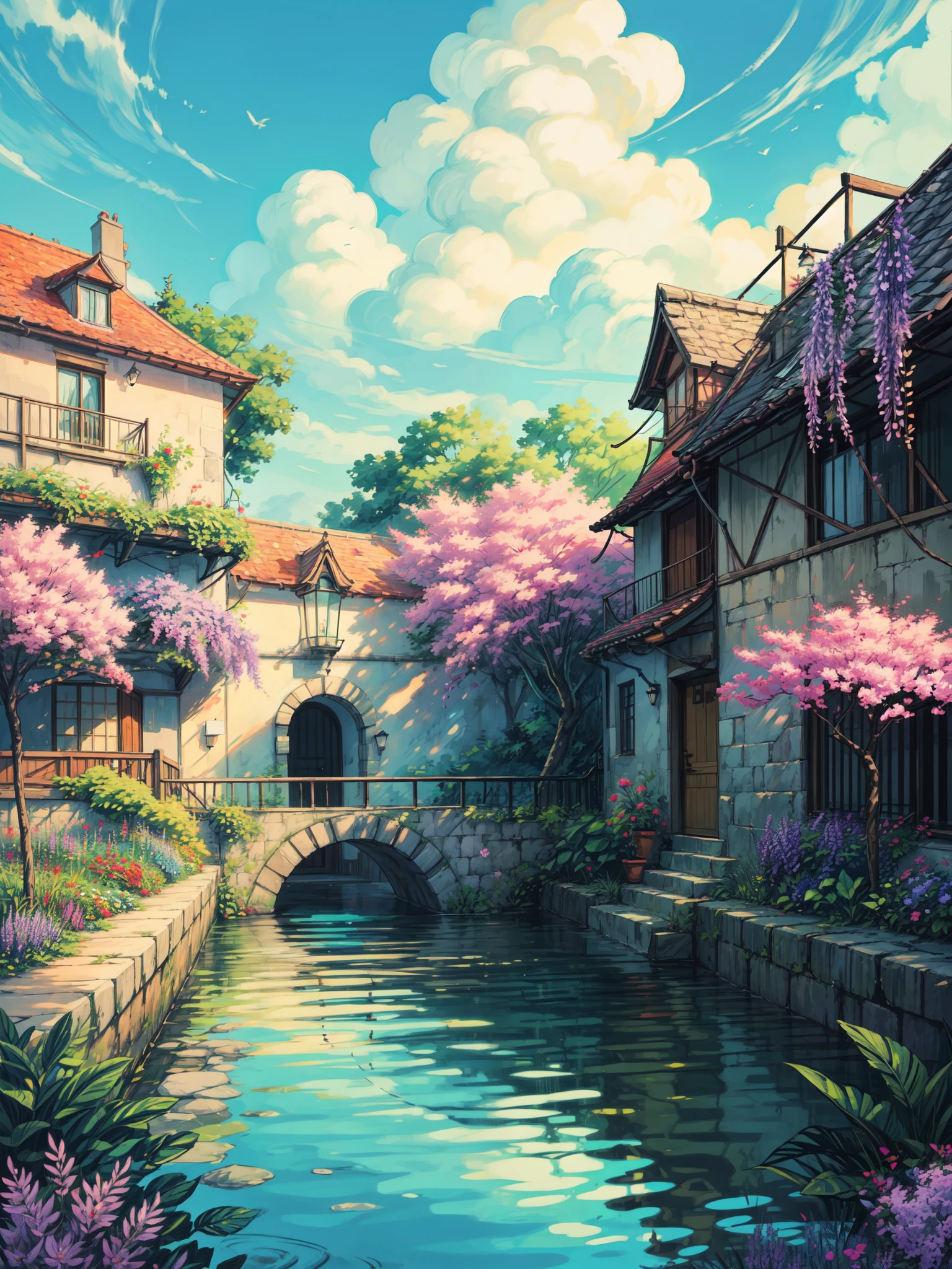 wide view, balcony view of a castle, monstera delioca plants pots, morning time, river, boat, wisteria trees, bushes, white fencing, plant pots, beautiful weather, illustration, vibrant tones, shining clouds, thick lines, cozy tones, beautiful sky, ghibli style, outdoors, cozy atmosphere, micro landscape, intrinsic details