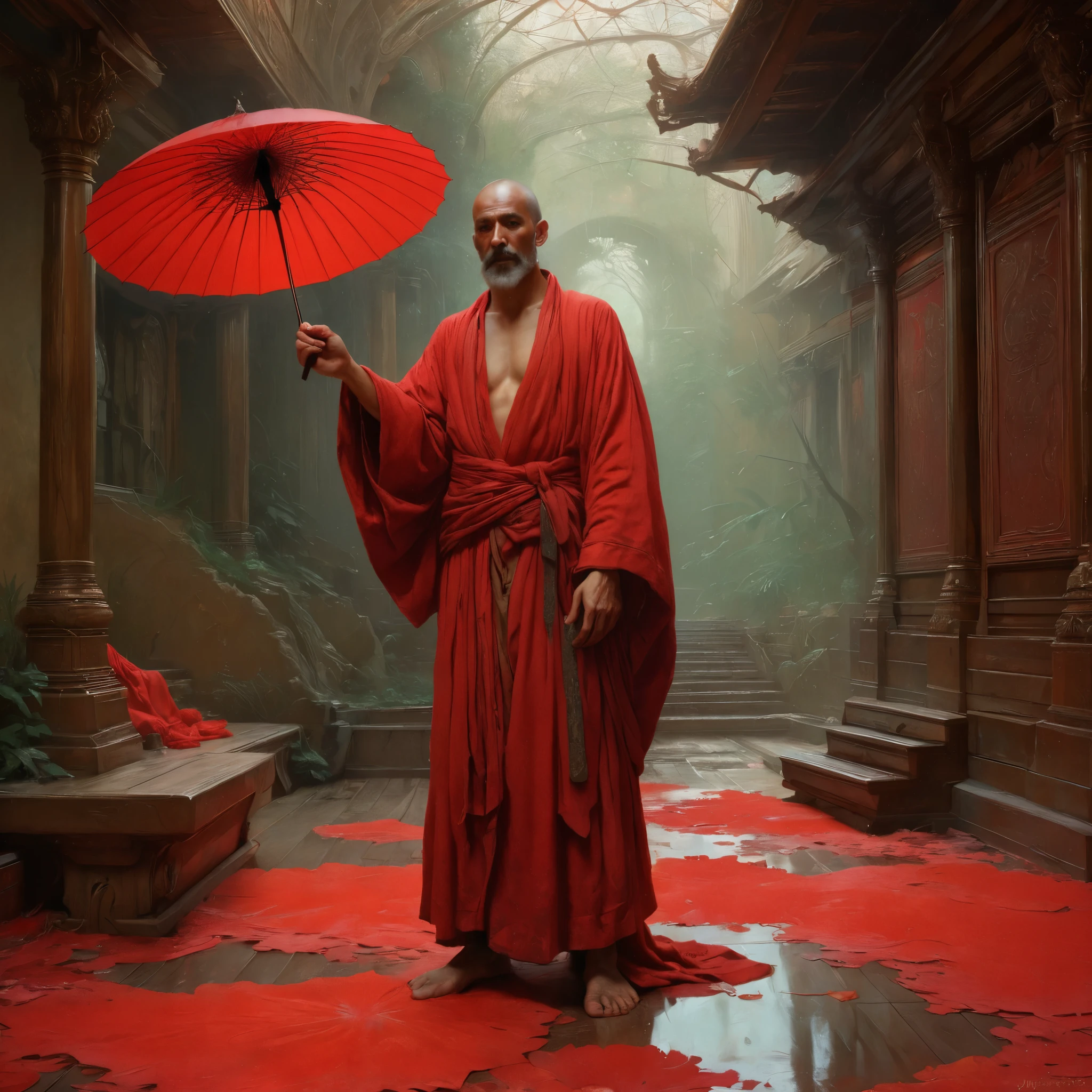 a painting of a man in red robe holding a red umbrella, jehan georges vibert, craig mullins alphonse mucha, alphonse mucha and craig mullins, orientalism painting, grim vibrance orientalism, beeple and alphonse mucha, alphonse mucha meet beksinski, tomasz alen kopera and cgsociety, orientalism