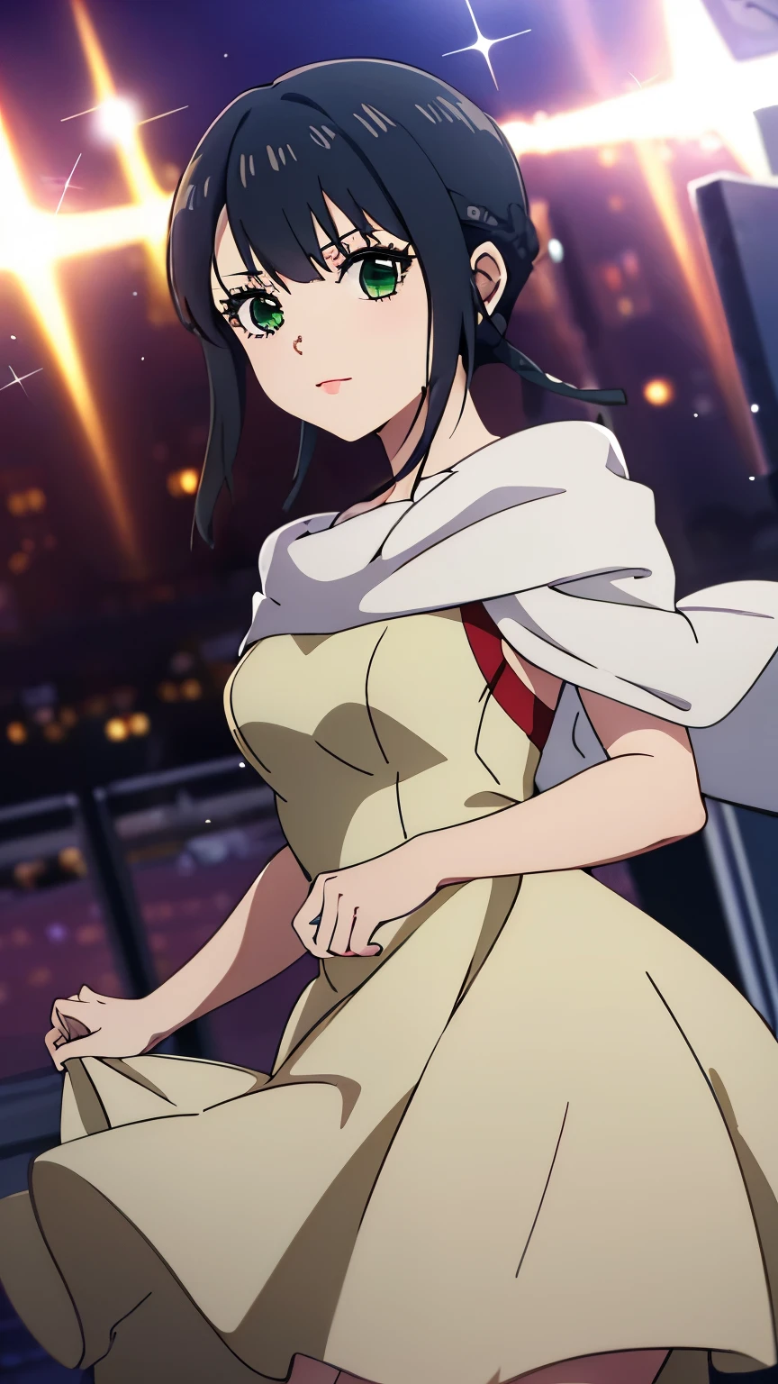 (masterpiece, best quality, 8k:1.2),
1 girl, Kyoukai, black hair, braids, ponytail, green eyes, eyelashes, medium breasts, (Dress, Sparkly Dress, Venue), dynamic angle,alone, looking at the viewer, cowboy shot