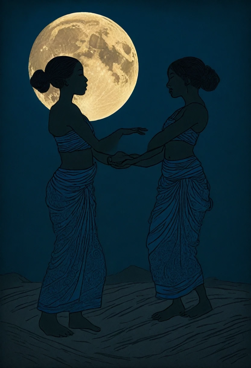 Dancing tribal women in silhouettes next to a crackling fire, full moon backdrop, mystical atmosphere, deep shadows, vibrant colors, woodcut and linocut style, intricate lines, textured details, shadows cast by the glow of the moon, tribal outfit, posesdynamic, cultural elements, night sky with lots of stars, ethereal and enchanting, rich color palette, dramatic lighting, by a master of the art of linocut. By Katsushika Hokusai and Gustave Doré.