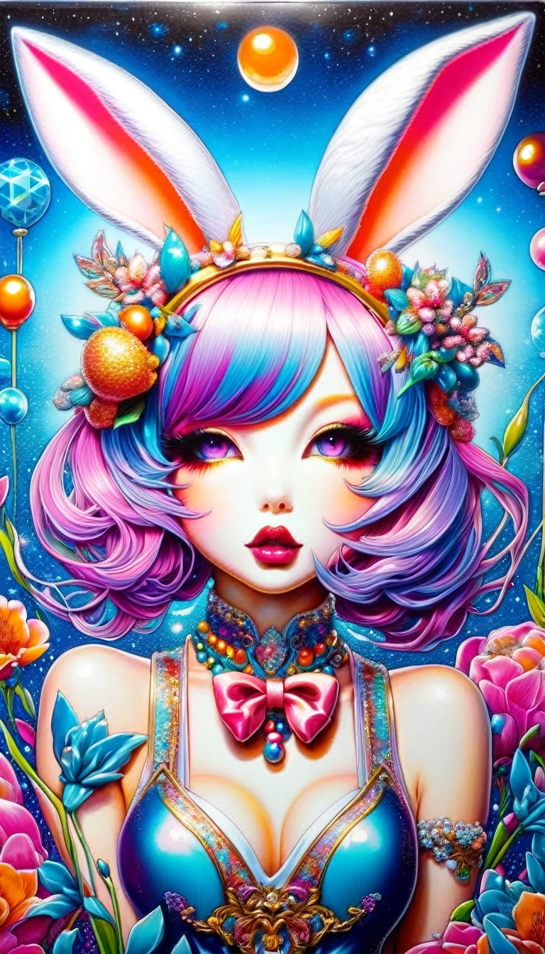 Iridium art, bunny girl ((hannah yata style!!!)), pop surrealism in acrylic, colorful, the highest detail, ((masterpiece)), ((single shot)), ((Highest detail), impression, perspective, 8k