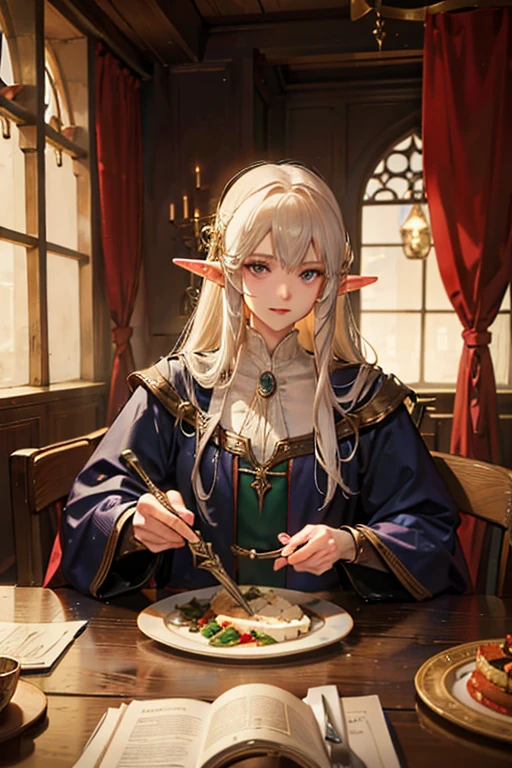 Half-elf man, elegant medieval fantasy clothes, with sword, sitting at the table eating in a medieval fantasy inn