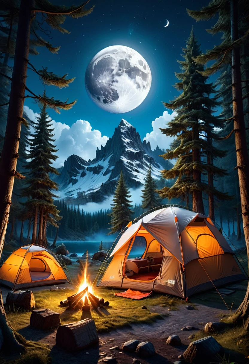 outdoor camping, Camping under a double moon, detailed matte painting, deep color, fantastical, intricate detail, splash screen, complementary colors, fantasy concept art, 8k resolution trending on Artstation Unreal Engine 5