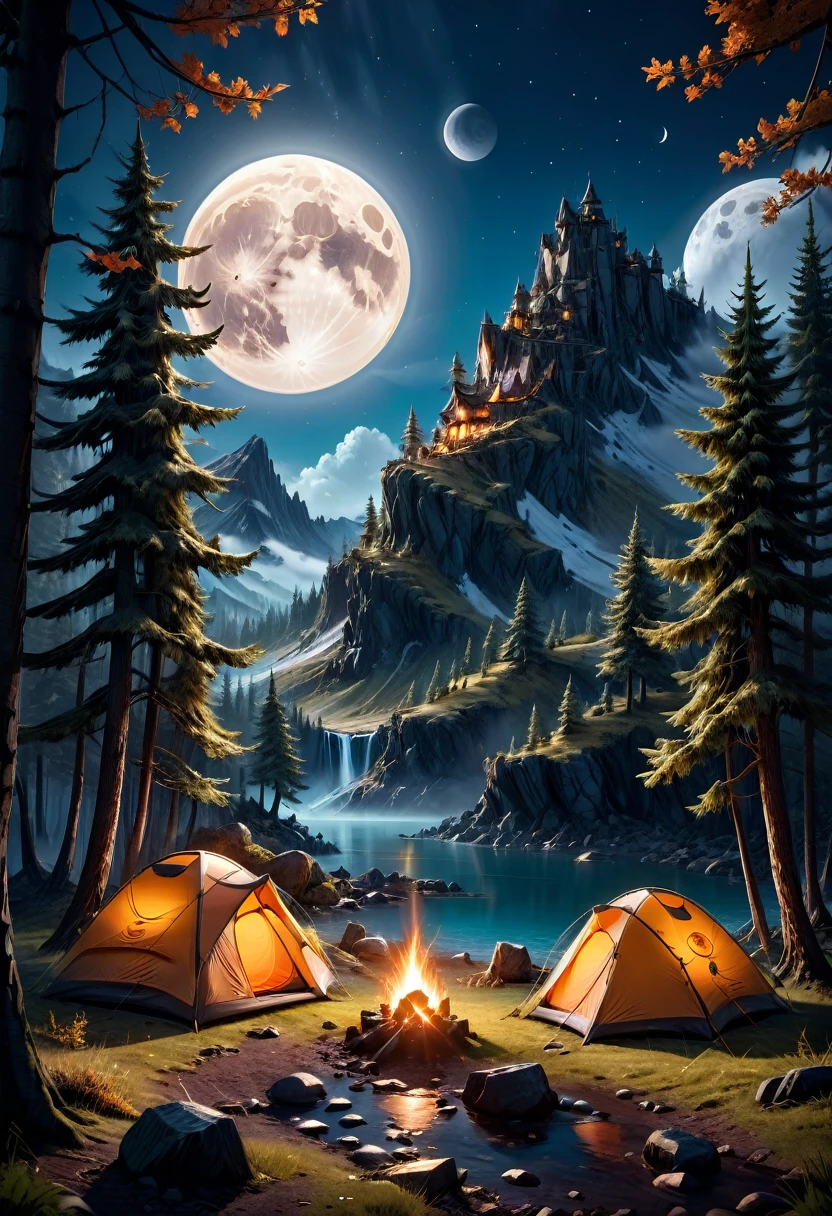 outdoor camping, Camping under a double moon, detailed matte painting, deep color, fantastical, intricate detail, splash screen, complementary colors, fantasy concept art, 8k resolution trending on Artstation Unreal Engine 5