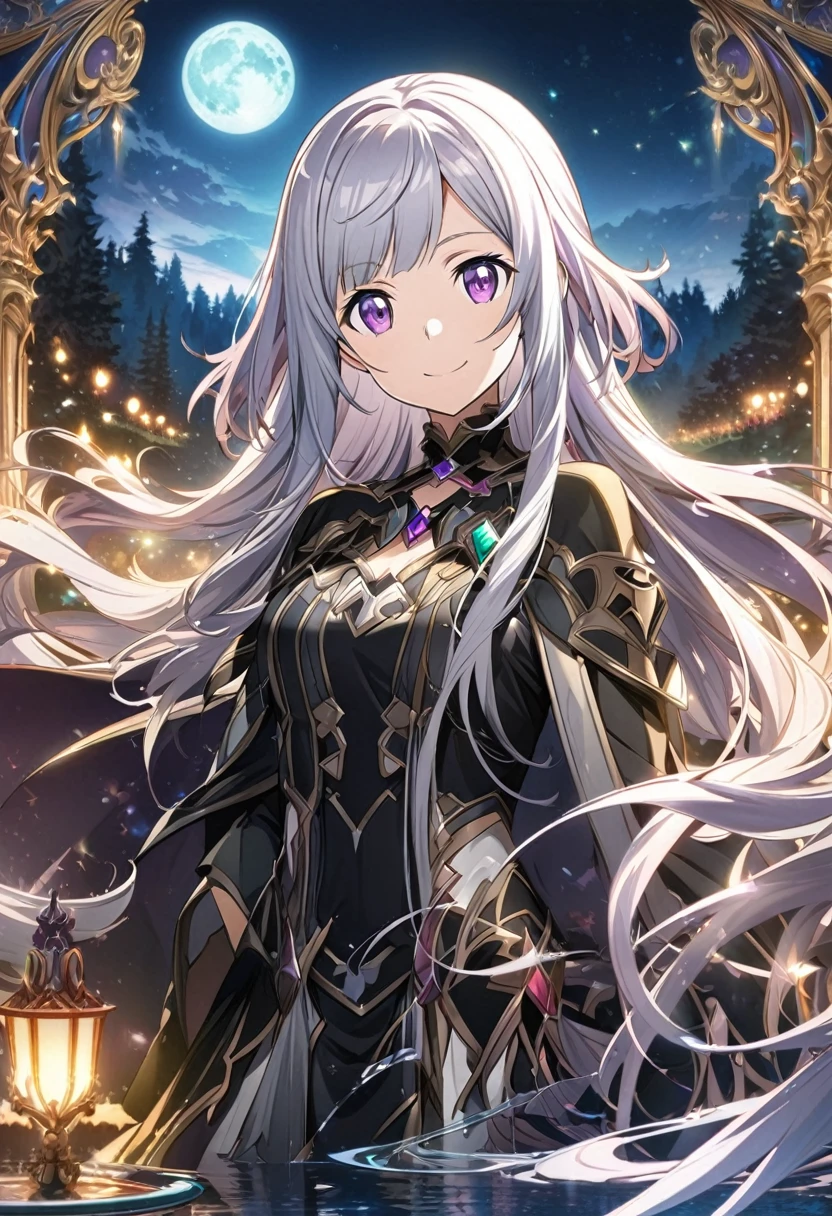 Sono Chieri \(Sword Art Online\), very long platinum white hair, bejeweled purple eyes:1.2, black costume, bangs, smiling gently, cape, ((ultra-detailed)), ((illustration)), (flowing hair)), (beautiful detailed eyes), female, 1girl, ((mirror lake, moon)), looking at viewer