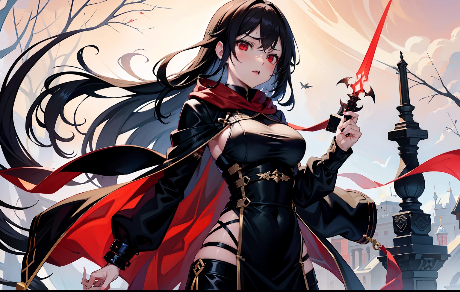 1 person, Reference table, Fantasy character design feminine, assassin, Short dagger, In terms of body shape, Have no sting in it. Magical red eyes, Black long hair, Neatly stored. 瘦assassin服装.hood