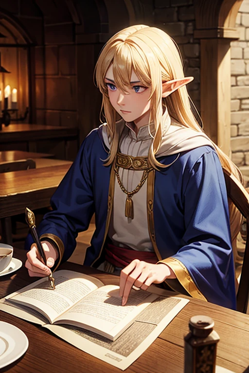Half-elf man, elegant medieval fantasy clothes, sitting at the table eating in a medieval fantasy inn