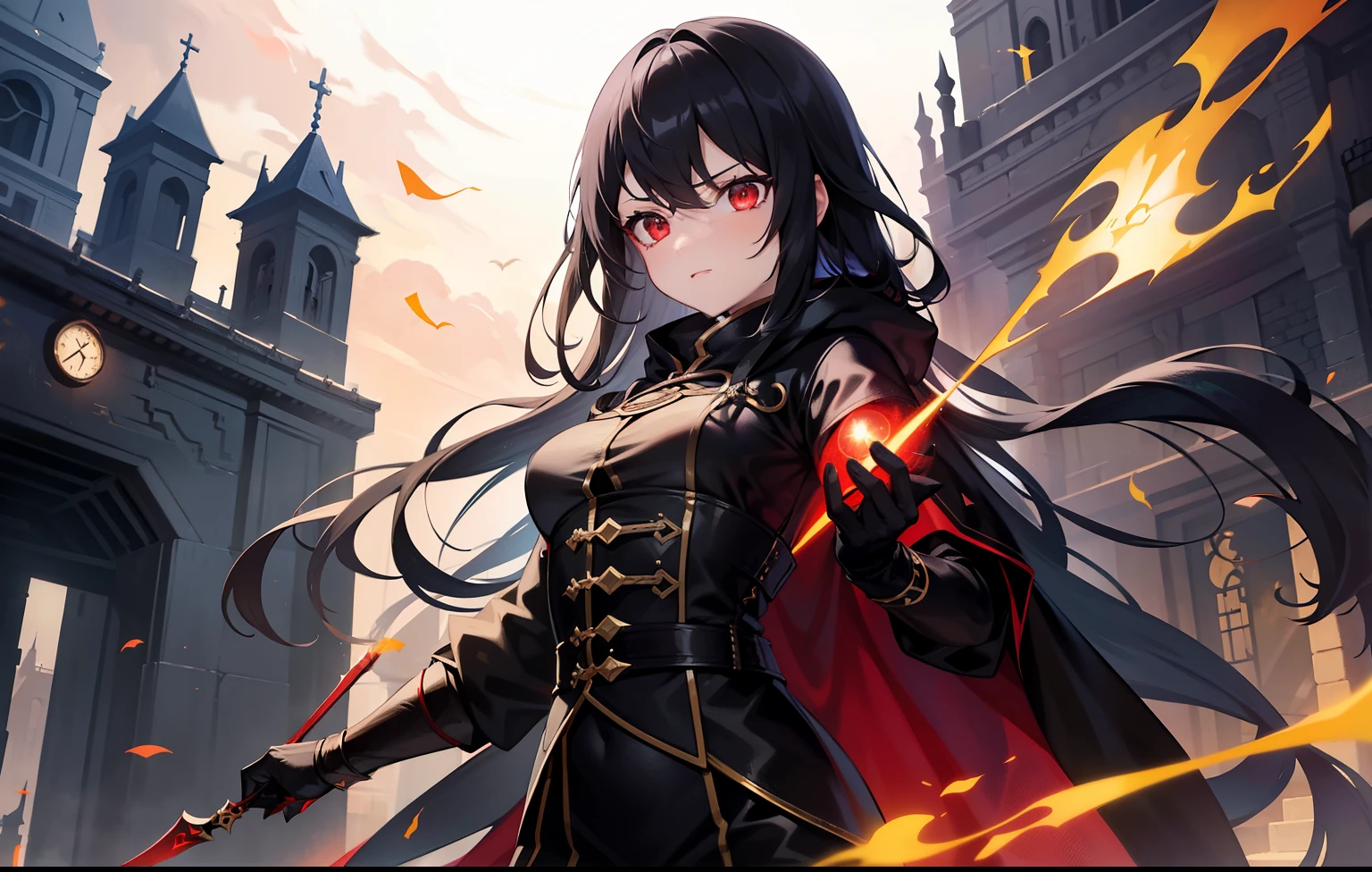1 person, Reference table, Fantasy character design feminine, assassin, Short dagger, In terms of body shape, Have no sting in it. Magical red eyes, Black long hair, Neatly stored. 瘦assassin服装.hood