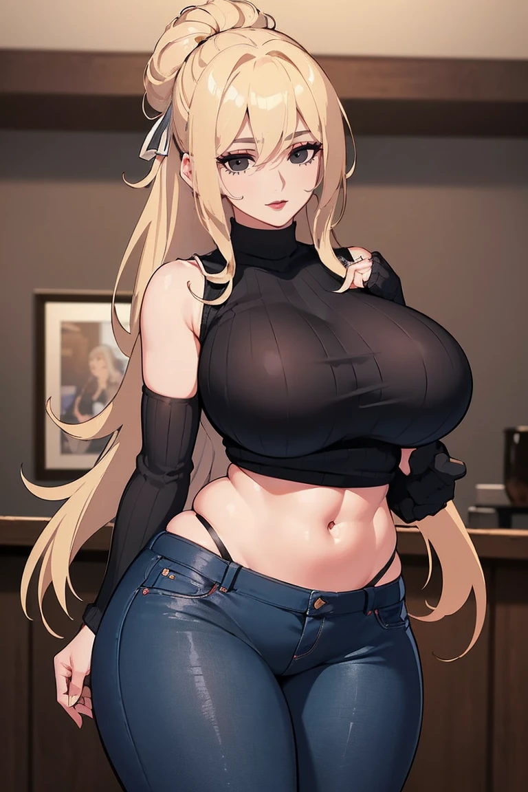(Uhd, Masterpiece, Textured Skin, Super Detail, High Details, High Quality, Best Quality), Detailed Face, 1woman, mature pretty woman, ((Wide hips, thick thighs, massive huge breasts)), Blonde hair tied up, (Black sweater shirt), jeans, (Huge Body), (Hair tied)